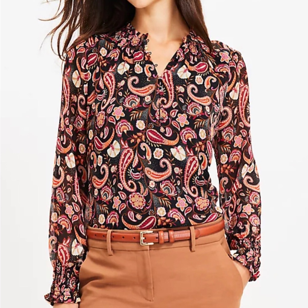 LOFT Paisley Smocked Ruffle Button Blouse, Size S, NWT